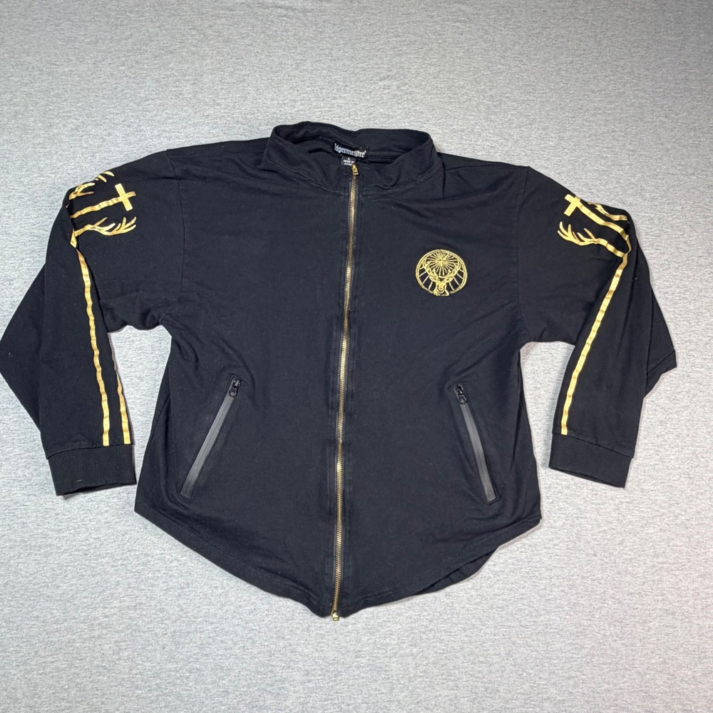 Jagermeister Full Zip Track Jacket Black Gold Stag Logo Graphic Sleeve Womens L
